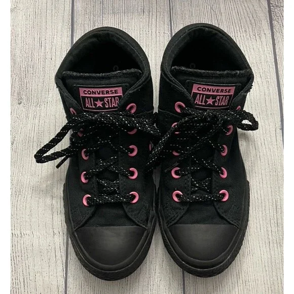 Black & Pink Converse All Stars Girl Mid Top Shoes, Size Youth 2 - Picture 1 of 4